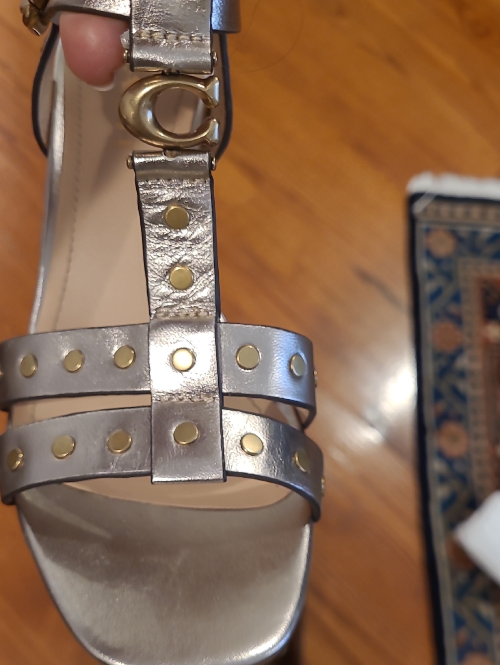 Coach Metallic Gold Studded T-Strap Sandal with Gold Accents